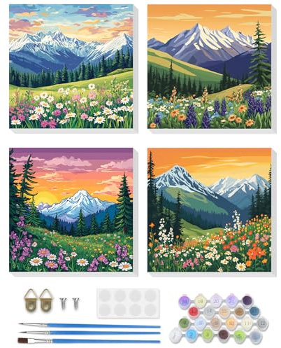 DOMROM Lot de 4 toiles encadrées pour adultes - Peinture par numéros - Arts de paysage pour débutants - Peinture à l'huile acrylique facile à faire soi-même - Motif coucher de soleil - Fleurs et