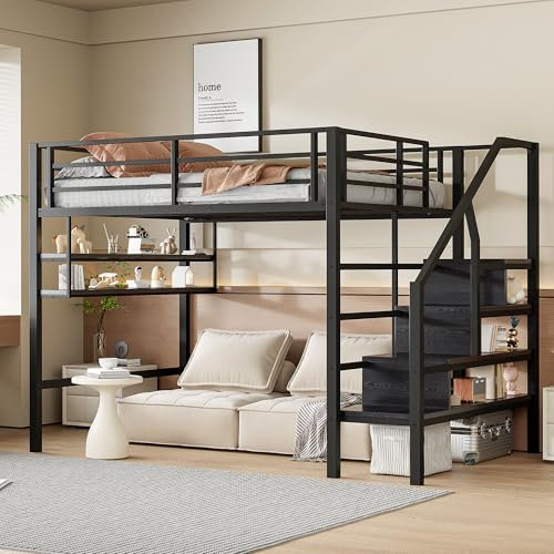 Zravenna Letto a soppalco in metallo, 140 x 200 cm, spazio libero sotto il letto, letto a castello alto con ripiani, scala di scarico, per adulti e ragazzi, senza materasso (nero, B)