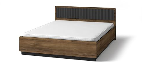 BETTSO - Bett Polsterbett 160x200cm Prestigo, Schlafzimmerbett mit Lattenrost, Gepolstertes Kopfteil - ohne Matratze - Farbkombination aus stilvollem Nussbaum mit geriffeltem Schwarz