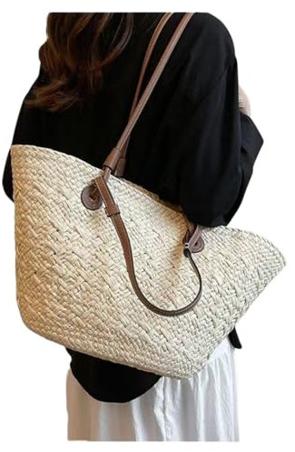 RFSHKOP Bolso De Paja Bolsa para La Cesta De Los Hombros De La Paja Hecha A Mano De Paja De La Gran Capacidad del Verano Bolso De Color De Vacaciones De Playa De Verano-Blanquecino-Grande