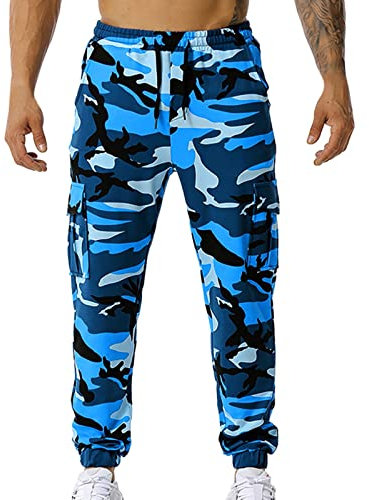 Genérico Jogginghose aus Baumwolle, Camouflage, für Herren, elastisch, lang, mit Gürtel mit Kordelzug, Golfhose, Jogginghose, blau, XXL