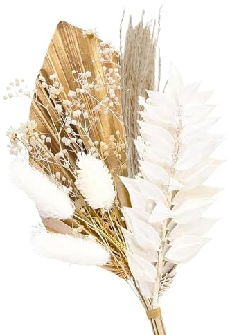Flowers for Cakes,White Dried Flowers Bouquet with Gold Palm Leaf Cake Topper – Boho Cake Decorations for Weddings, Birthdays, and Crafts