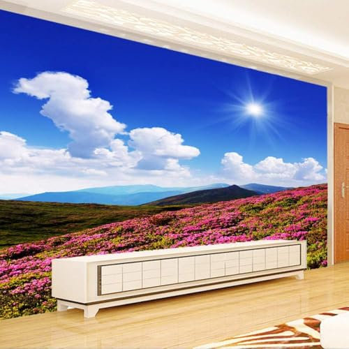 Blue Skies White Clouds Sun Pink Flowers 3D Wallpaper Feature Office Living Room Sofa Bedroom TV Background Wall Decoration-150cm×105cm