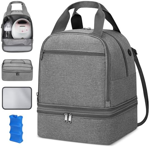 Breast Pump Bag with Double-Layer Design & Removable Cooler – Insulated Pumping Tote with Ice Pack, Fits Medela – Ideal for Working Moms, Travel & Daily Milk Storage – Grey