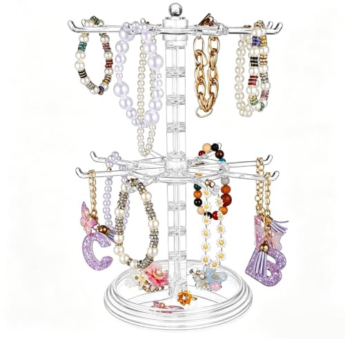 Warmhm Rotating Keychain Display Holder Jewellery Display Rack with Hooks Bracelet Organizer Stand for Hair Accessories Keyring Stand for Home Office and School