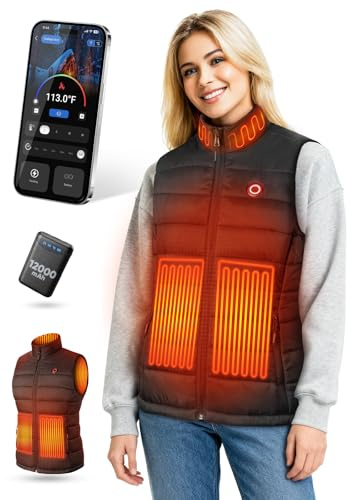VIWKO Chaleco Calefactable Mujer con Batería de 12V 12000mAh, 4 Niveles de Calor y Control por App, Chaleco Térmico Ligero para Invierno, Exteriores, Senderismo, Esquí, Hogar y Teletrabajo(Talla L)