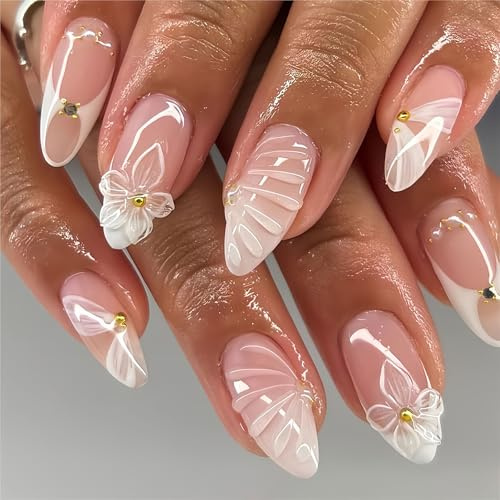 RUISPEED Short Almond Press-On Nails – Nude with White French Tip & Gold Line, Glossy Gel Finish Reusable Acrylic Nails with Glue