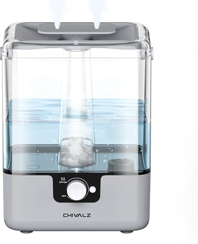 CHIVALZ 6L Humidifiers for Bedroom Large Room Home, Cool Mist Top Fill Humidifiers for Baby Nursery and Plants, Oil Diffuser 1 Pack + 2 Mist Outlets Gray