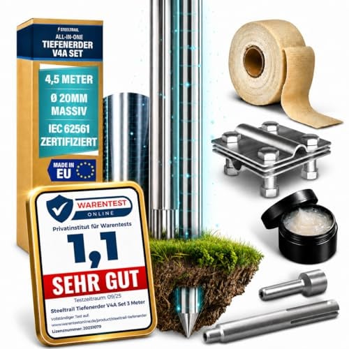 Tiefenerder V4A Set 4,5m-1,5m-3m-6m Erdungsspieß Staberder für PV Anlage Edelstahl 20mm inkl SDS-Max Einschlaghilfe, Erdungsklemme, Erdungsstab für Erdungskabel Blitzableiter Erdung Premium Steeltrail
