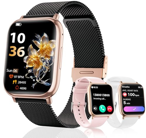 SLOKSFil Smartwatch Donna con Chiamate Bluetooth, 1.83 Fitness Orologio Smartwatch 3 Cinturini Frequenza Cardiaca SpO2 Pressione Sanguigna IP68 Impermeabile Sonno 120+ Modalità Sportive (Oro Nero)