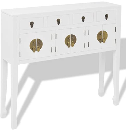 Coespram Kommode Sideboard Massivholz Weiß 95 x 24 x 91 cm, 4 Schubladen 3 Fächer, Klassisches Asia Design, Stabiles Highboard für Wohnzimmer Flur Schlafzimmer