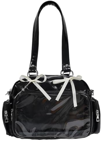 StaZamor Schwarze japanische Ita-Tasche mit weißer Schleife, Umhängetasche für Konzerte, täglicher Gebrauch, Kawaii-Schulrucksack-Tasche