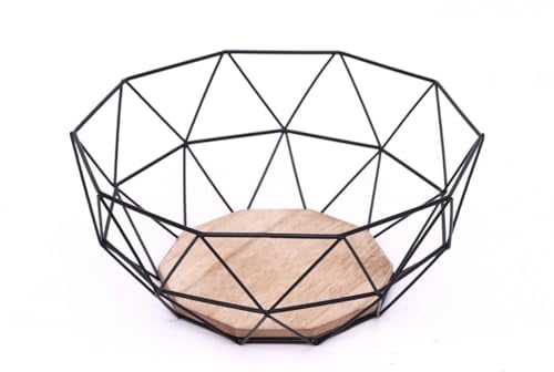 Black Geometric Metal Wire Wooden Base Decorative Storage/ Display Basket Fruit Bowl
