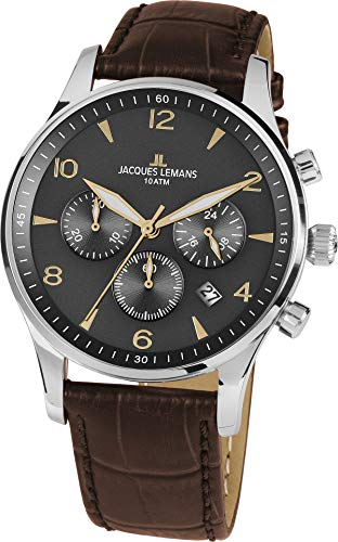 JACQUES LEMANS Herrenuhr London Lederarmband massiv Edelstahl Chronograph 1-1654ZJ