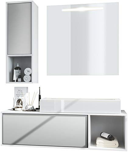 Vladon Conjunto de Muebles para baño La Costa, Cuerpo en Blanco Mate/Frentes en Gris Claro Satinado con Lavabo y Espejo LED