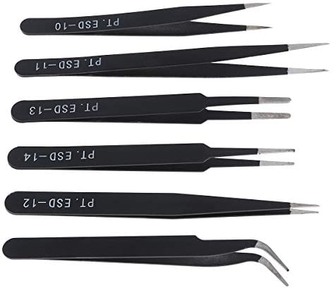 OriGlam juego de 6 pinzas de precisión, juego de pinzas ESD, pinzas de acero inoxidable antiestáticas, juego de pinzas curvas no magnéticas, juego de pinzas