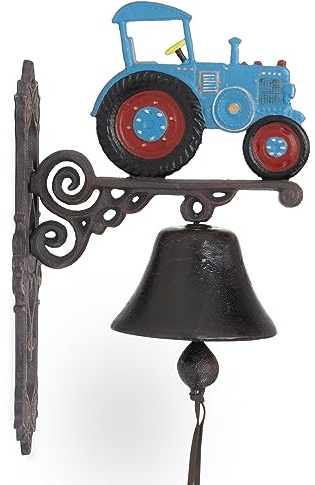 Moritz Gußeisen Wandglocke Traktor Trecker blau rot Glocke Türglocke 37 cm Höhe Hausglocke antik Stil braun Klingel Verziert