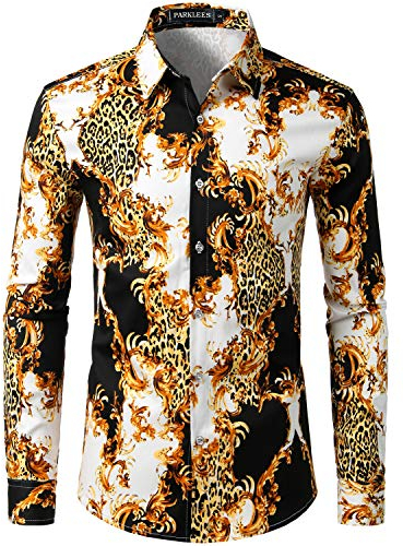 PARKLEES Herren Geblümt Langarm Sommer Freizeithemd Hawaiihemd Muster Langarmhemd 107 Schwarz M