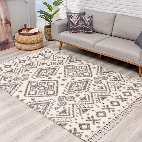 Teppich Hochflor Wohnzimmer - Ethno Geo Design 140x200 cm Creme Grau - Teppiche mit Fransen
