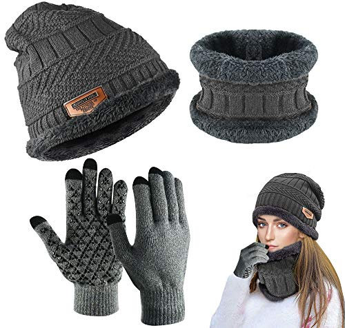 PERFETSELL Hat Scarf and Gloves Set Warm Thermal Knitted Beanie Hat Cap Ski Slouchy Face Cover, Unisex Circle Scarf Scarves Stretchy Neck Touchscreen Gloves for Women Men Winter Outdoor Sports Gray