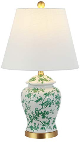 JONATHAN Y 22 White/Green Ceramic Table Lamp, French Country Chinoiserie Ginger Jar LED Bedside Lamp for Living Room Bedroom, White Linen Shade (JYL3005B)