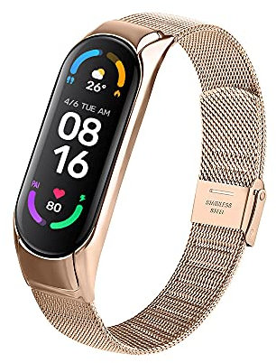 PaceBid Armband Kompatibel mit Xiaomi Mi Band 6/5, Mesh Gewebte Edelstahl Handgelenk Metall Ersatzband Armband, Klassisches Verstellbarer Uhrenarmband für Xiaomi Mi Band 6/5 （Roségold