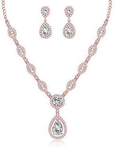 wynn's Wedding Jewellery Set for Women, Silver Necklace Dangle Earrings Set, Rose Gold Bridal Jewellery Set with White AAAAA Cubic Zirconia, Allergy Free Party Jewellery Set for Bridal Bridesmaid