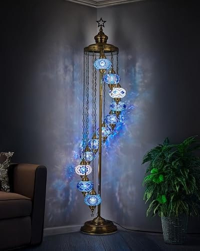 DEMMEX Lampadaire turc à 11 globes, 2,1 m de haut, lampadaire turc en mosaïque marocaine, lampe sur pied de style Tiffany pour chambre à coucher et salon, éclairage décoratif fait à la main, bleu
