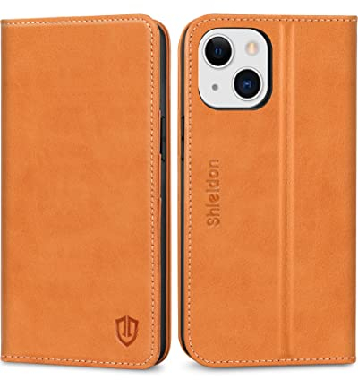 SHIELDON Wallet Case for iPhone 13, Shockproof Genuine Leather Folio Case with Card Slots RFID Blocking Kickstand TPU Shell Magnetic Closure Folio Cover Compatible with iPhone 13 6.1 5G 2021, Brown