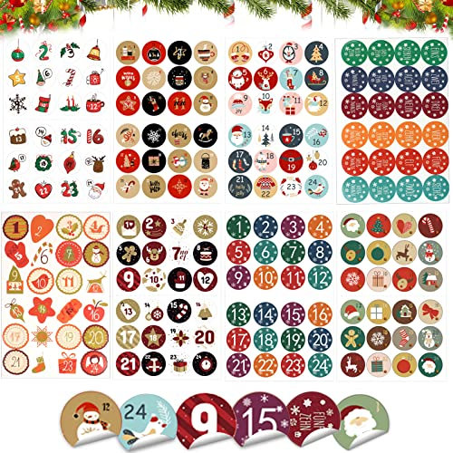 Adventskalender Zahlen, 8 x 24 Adventskalender Aufkleber Set, Adventskalender Zahlen Aufkleber, Adventskalender Sticker 1-24 für Kalender zum Selber Basteln für Weihnachten, Nummern Papiertüten