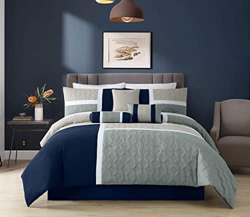 Chezmoi Collection Upland 7-teiliges Steppdecken-Set, Patchwork-Design, Marineblau/Blau/Grau, California King