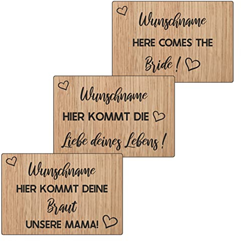 Schild für die Hochzeit, Vintage Schild aus Holz für die Trauung, Hier kommt die Braut personalisiert, Hochzeitsdeko, Trauung in der Kirche, Holzschild aus Edelholz furniert (Eiche)