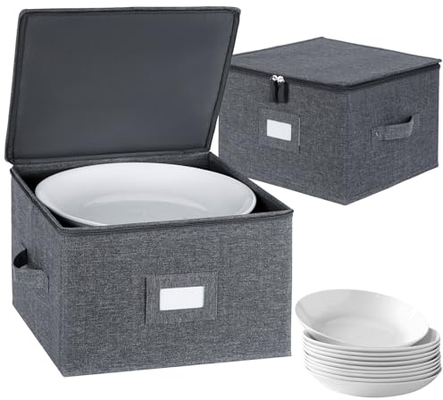 popoly China Storage Containers Hard Shell Inside 12 W x 8 H, Dinner Plate Storage Containers for Dishes, Dinnerware with 24 Felt Dividers, Hold 24 Plates, Storage Stackable (2 Pack Grey)