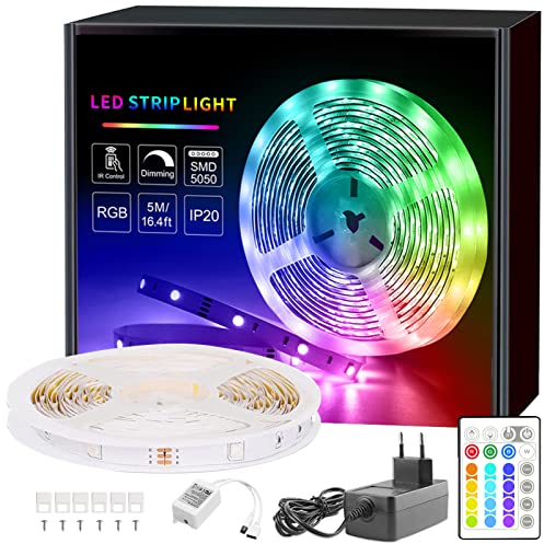 BAOMING RGB LED Streifen 5m, Farbwechsel LED Band mit IR Fernbedienung,16 Mio. Farben, Musik Sync, für TV Zuhause, Schlafzimmer, Küche, Decke, Party