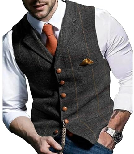 Men's Tweed Plaid Business Suit Vest Casual Tailored Collar Wool Waistcoat Twill Formal Dress Wedding Tuxedo Vest