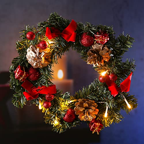 MARELIDA LED Tannenkranz mit Deko - Türkranz - D: 30cm - 10 warmweiße LED - Batterie - für Innen - rot/Gold