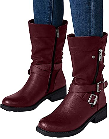 Stivali Donna Sexy Pelle con Tacco Western Boots Curvy Elasticizzati Larghi Anfibi Stivali Cowboy Camoscio Morbidi Sopra il Ginocchio Stivaletti Invernali Stivali Alti Caldo Vintage