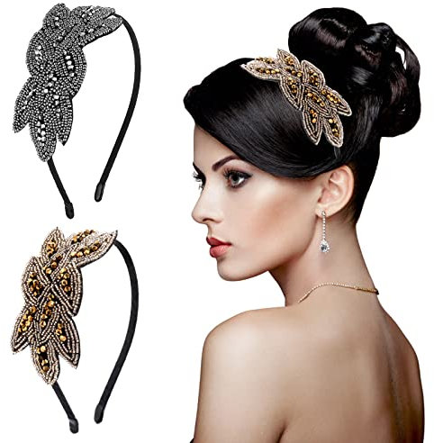 Sibba 2 Stück Stirnbänder Damen Stirnbänder 1920er Jahre Haarschmuck Gold Strass Schwarz Silber Kristall Braut Hochzeit Pins Spitze Kopfschmuck Stück Perlen Clip Ostern Party Art Deco (Grau/Gold)