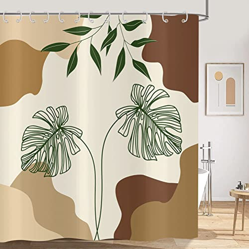 Hnmdmyi Duschvorhang Boho 180x200, Abstrakte Grüne Tropische Blätter Pflanze Beige Badewanne Vorhang Mid Century Modern Minimalistisch Geometrisch Ästhetisch Kunst Wasserdicht Stoff Badevorhang
