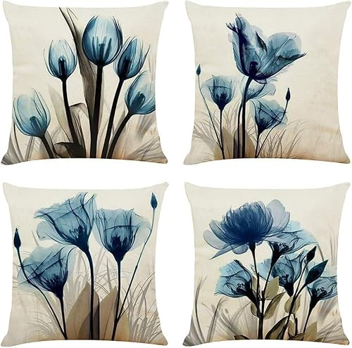 TIDWIACE 4er Set Blaue Blumig Kissenbezug 45 x45 cm Deko, Kissenhülle Dekorative Sofakissen Leinen Kissenbezüge Luxus Decor für Sofa Wohnzimmer Zierkissen