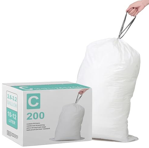Simplelisa Code C Trash Bags Compatible with Simplehuman Code C Custom Fit Drawstring Trash Bags | 200 Count (Pack of 1) | 1.2 Mil | Heavy Duty White Garbage Liners 2.6-3.2 Gallon / 10-12 Liter