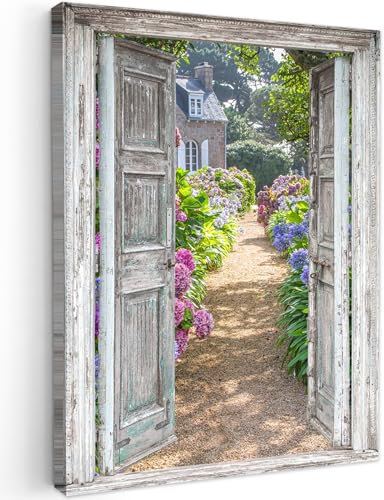 MuchoWow© Leinwandbild 60x80 cm Dekoration Wohnzimmer Bilder Aufhängen Wall Decoration Living Room Wohnungs Deko Moderne Fensterblick - Hortensie - Blumen