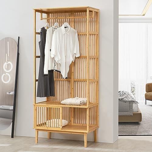 [en.casa] Garderobenständer Vemb mit Kleiderstange und Ablagefach 185x80x45cm Kleiderständer aus Bambus Standgarderobe