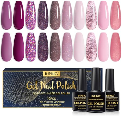 INPING UV Gel Nagellack Set, 10 Farben Lila Rot Gel Nagellack, Glitzer Lila Pflaumenrot Burgund Nude Rosa Beere Herbst Winter Schimmer Gelnägel Soak Off UV Weihnachten Halloween Nail Art Salon