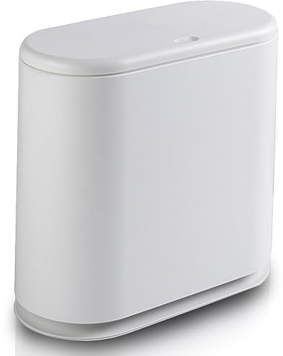 Shally Dogan Pattumiera da Bagno Capacità 9 Litri, Contenitore Spazzatura in Poliuretano con Apertura Push a Pressione, Design Moderno, Salvaspazio, Anti Rilascio Odore, 32.5 x 15 x 32 cm (Bianco)