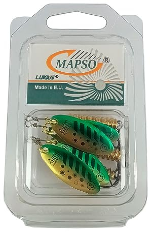 MAPSO - Blister 4 cuillères à café de pêche ASON-3 or rayures noires vertes avec hameçon simple sans mort 8 GMS.