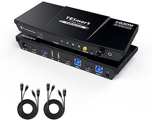 TESmart 4K@60Hz HDMI KVM Switch, for 2 Computers 1 Monitor | USB 3.0 Hub w/Audio & Mic Support | EDID Emulation | Hotkey/Button/IR Switch | Plug & Play | 2-Port KVM, Win/Mac/Linux for Office & Gaming