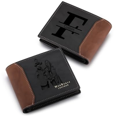 MeMeDIY Personalisierte Bifold Leder Brieftaschen für Männer Individuell Foto/Initiale/Text Herren Geldbörsen Personalisierte Bild Brieftasche Geschenke für Männer (B3-Initialen & Innentext, Schwarz)