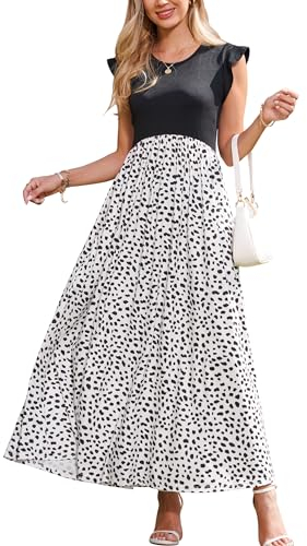 OUGES Sommerkleid Damen Lang Rüschen Maxikleid Elegant Sommer Kleid mit Taschen(Floral E,L)