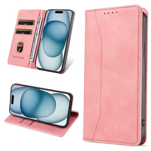 Leaisan Handyhülle für iPhone 15 Hülle Premium Leder Flip Klappbare Stoßfeste Magnetische [Standfunktion] [Kartenfächern] Schutzhülle für iPhone 15 5G (6,1 Zoll) Tasche - Rose Gold